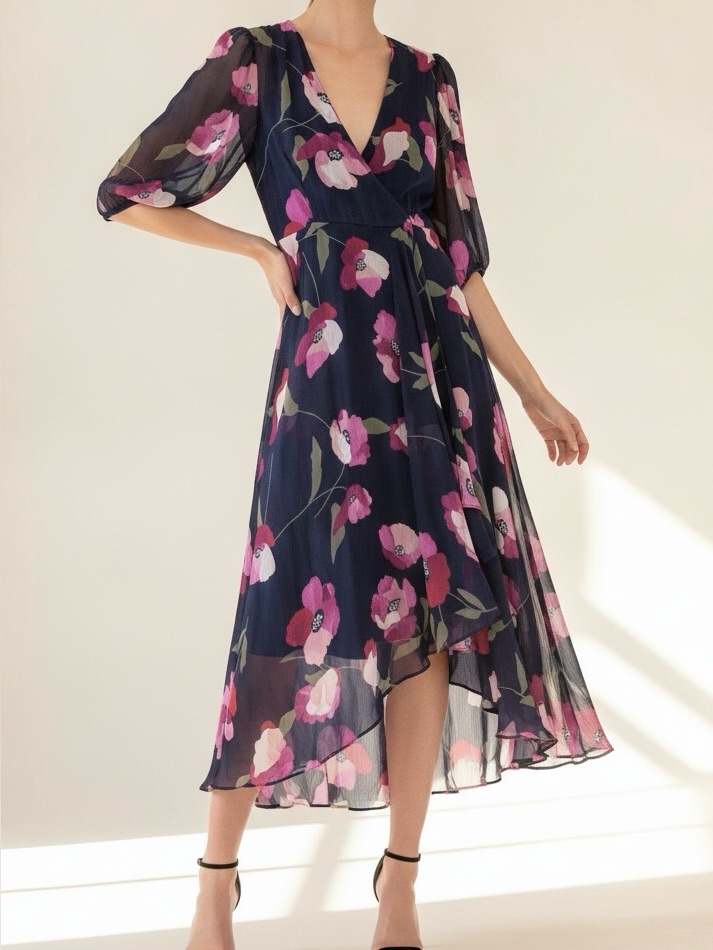 Nwt Calvin Klein Romantic Dark Navy Pink Floral High Low Dress Size 4